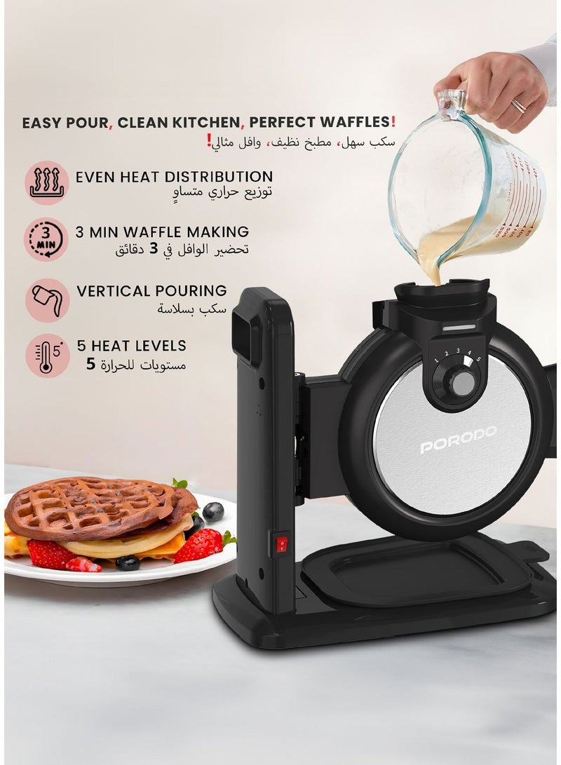porodo Vertical Waffle Maker Hassle-Free Waffle with 5 Heat Levels & Nonstick Plate / 3 Min Waffle Making / Batter Tray / Even Heat Distribution / Compact Smart Design / Vertical Pouring - Black - Image 5